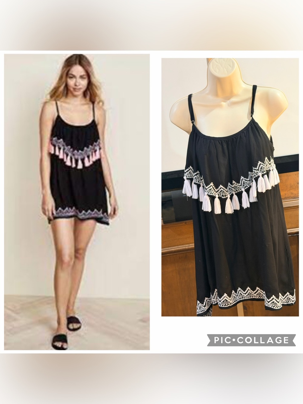 NWOT SIZE O/S Tiare Hawaii Black Swim Cover-Up w/White Embroidery & Pink Tassels